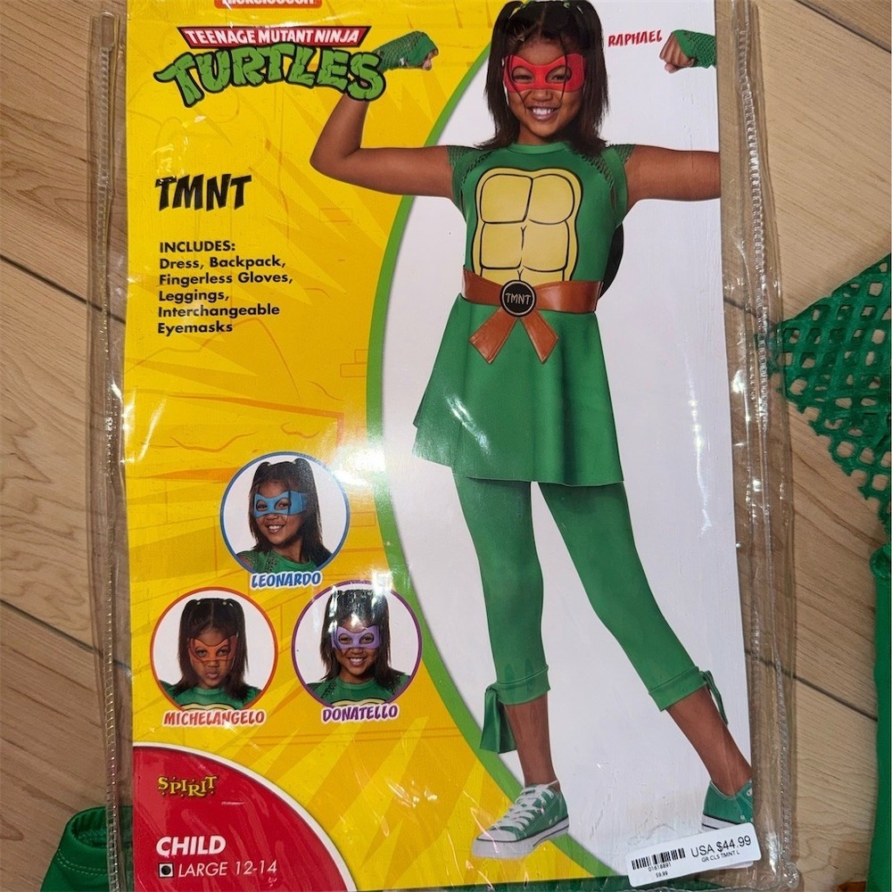 Spirit Halloween TMNT Girls Costume Dress Set Green Size 12-14 5pc Masks